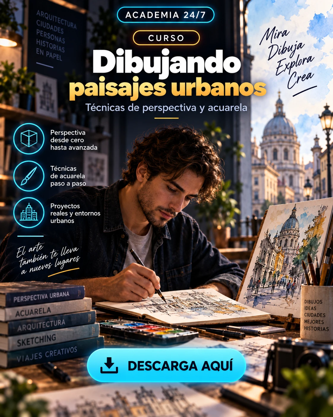 Dibujando paisajes urbanos - Técnicas de perspectiva y acuarela