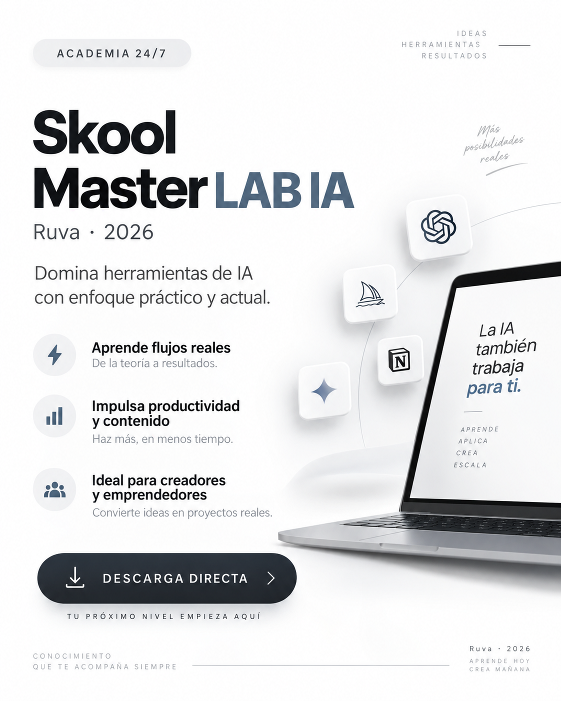 Skool Master LAB IA 2026: Domina herramientas de IA con enfoque práctico